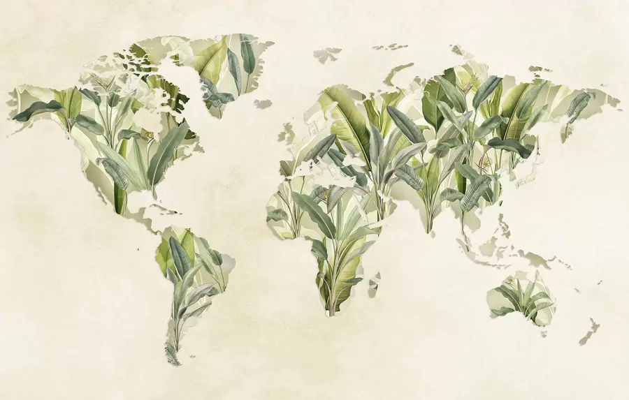 murais de parede Um mapa verde do mundo feito de folhas de bananeira c00007