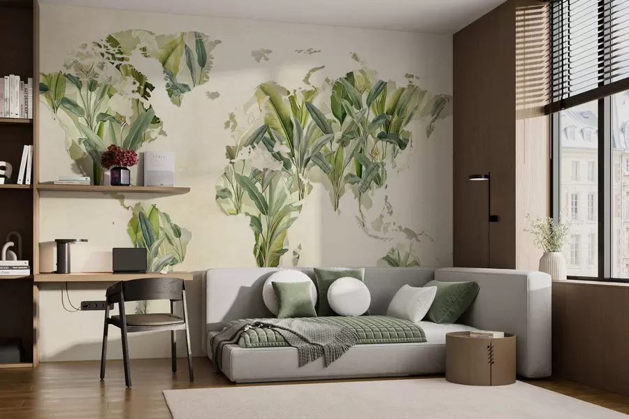 murais de parede Um mapa verde do mundo feito de folhas de bananeira c00007