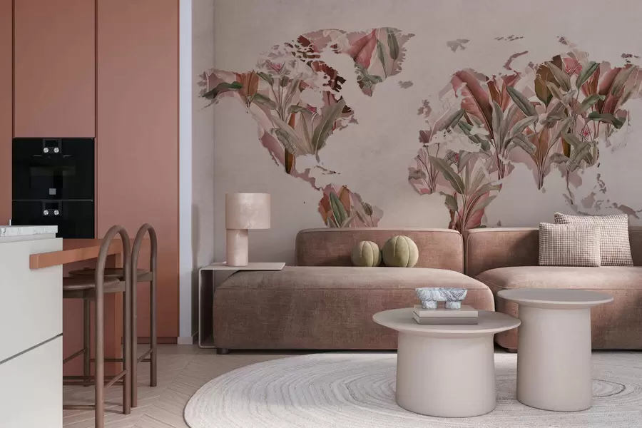 murais de parede Um mapa-múndi rosa feito de folhas de bananeira c00007v2