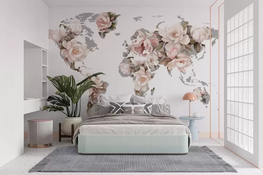 murais de parede Um delicado e cremoso mapa-múndi feito de flores c00008