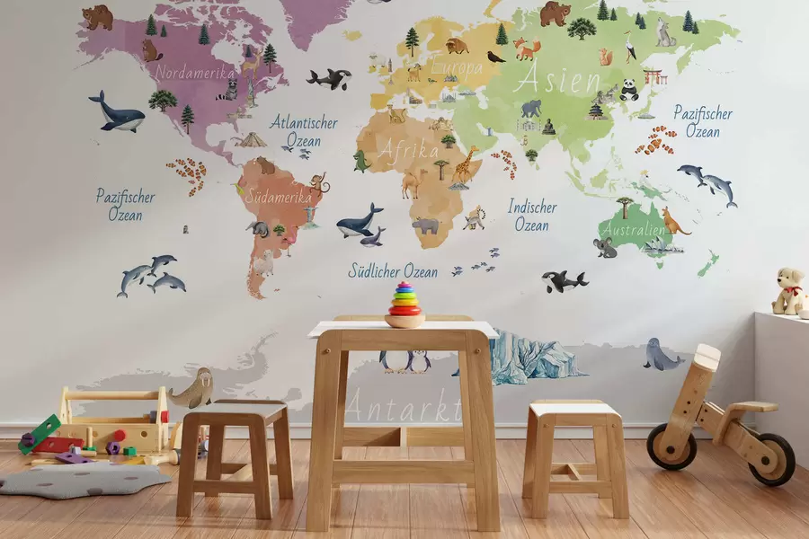 murais de parede Um mapa colorido em estilo aquarela que retrata animais, plantas e arquitetura. Legendas em alemão c00009de