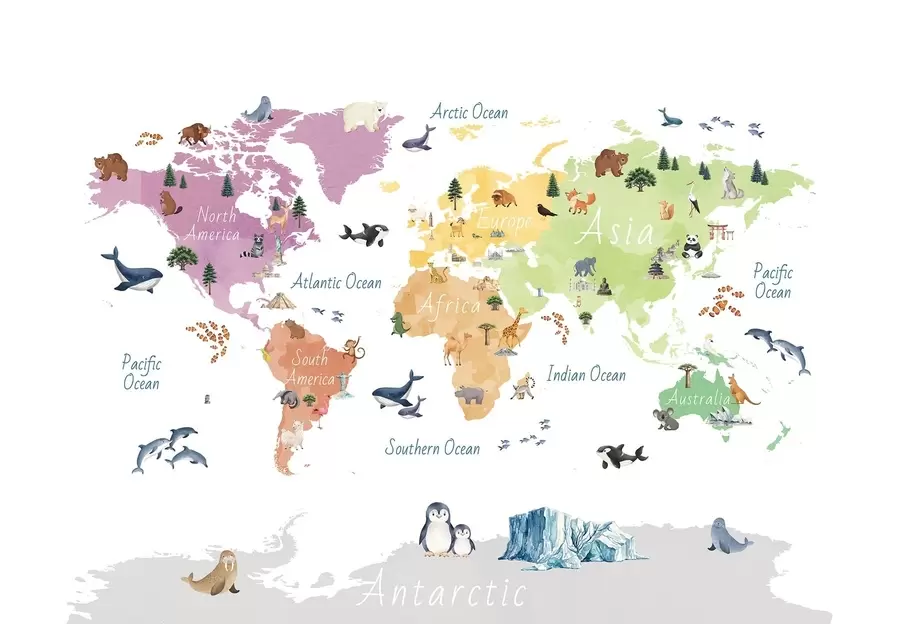 murais de parede Um mapa colorido em estilo aquarela, apresentando animais, plantas e arquitetura. Legendas em inglês c00009en