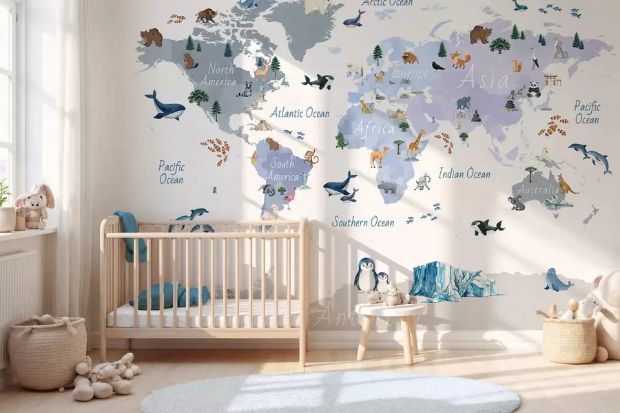 murais de parede Um mapa azul em estilo aquarela, com animais, plantas e arquitetura. Legendas em inglês c00009env1