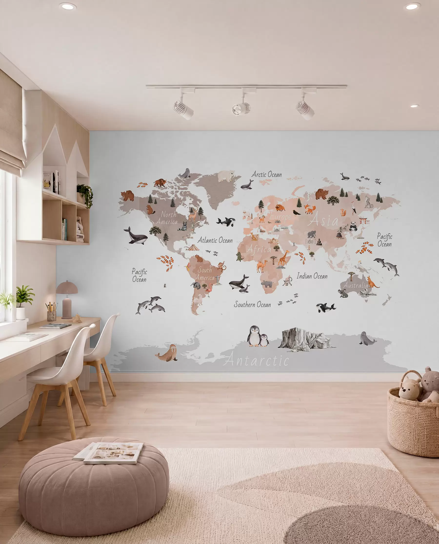 murais de parede Um mapa em tons de bege, no estilo aquarela, com animais, plantas e arquitetura. Legendas em inglês c00009env3