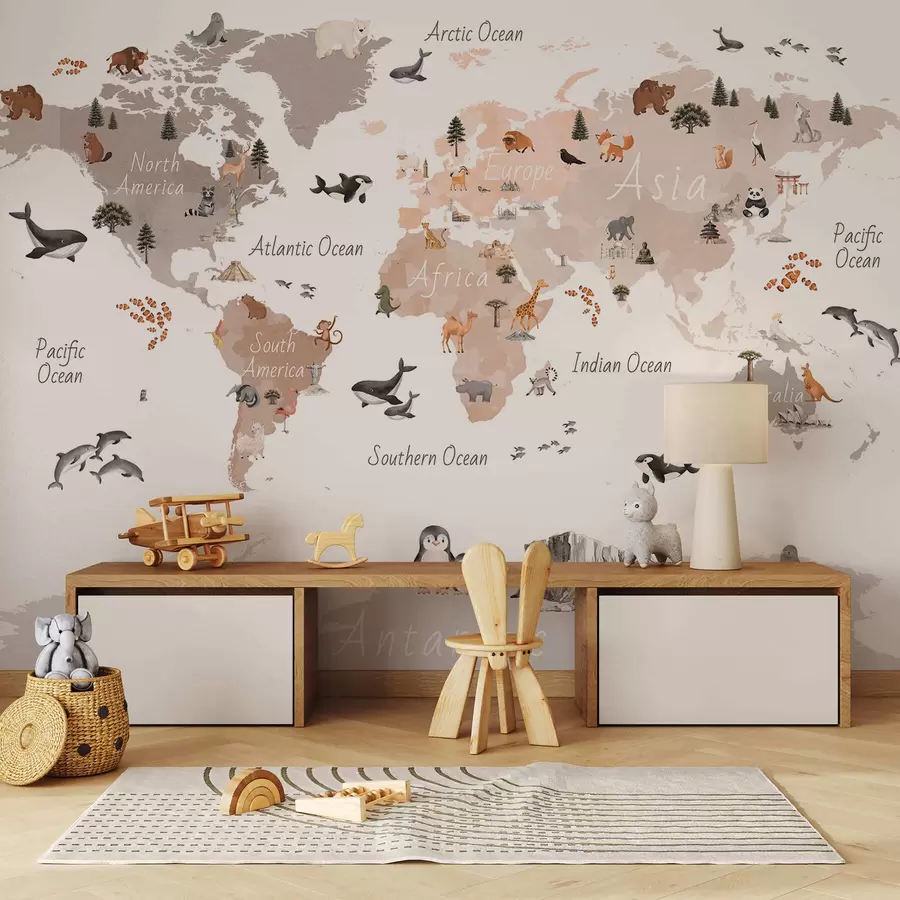 murais de parede Um mapa em tons de bege, no estilo aquarela, com animais, plantas e arquitetura. Legendas em inglês c00009env3
