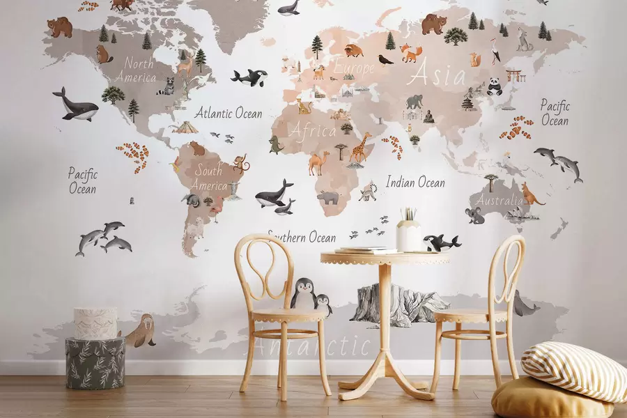 murais de parede Um mapa em tons de bege, no estilo aquarela, com animais, plantas e arquitetura. Legendas em inglês c00009env3