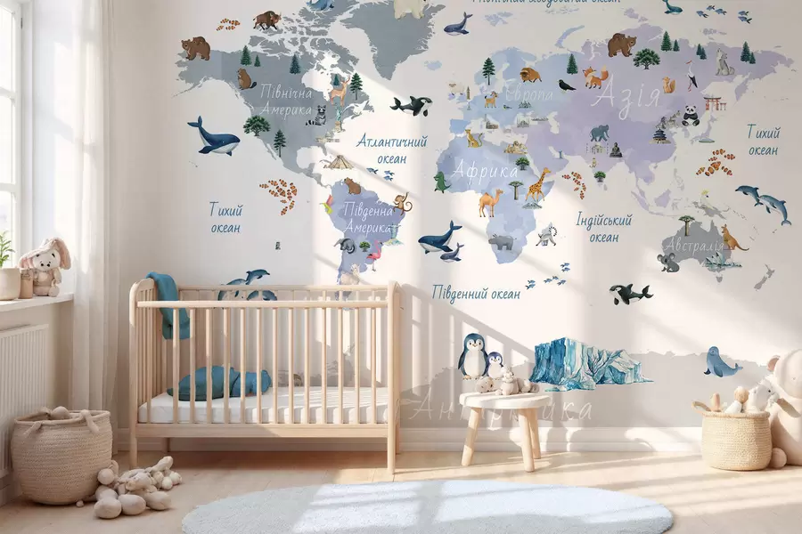 murais de parede Um mapa azul em estilo aquarela, com animais, plantas e arquitetura. Legendas em ucraniano c00009ukv1