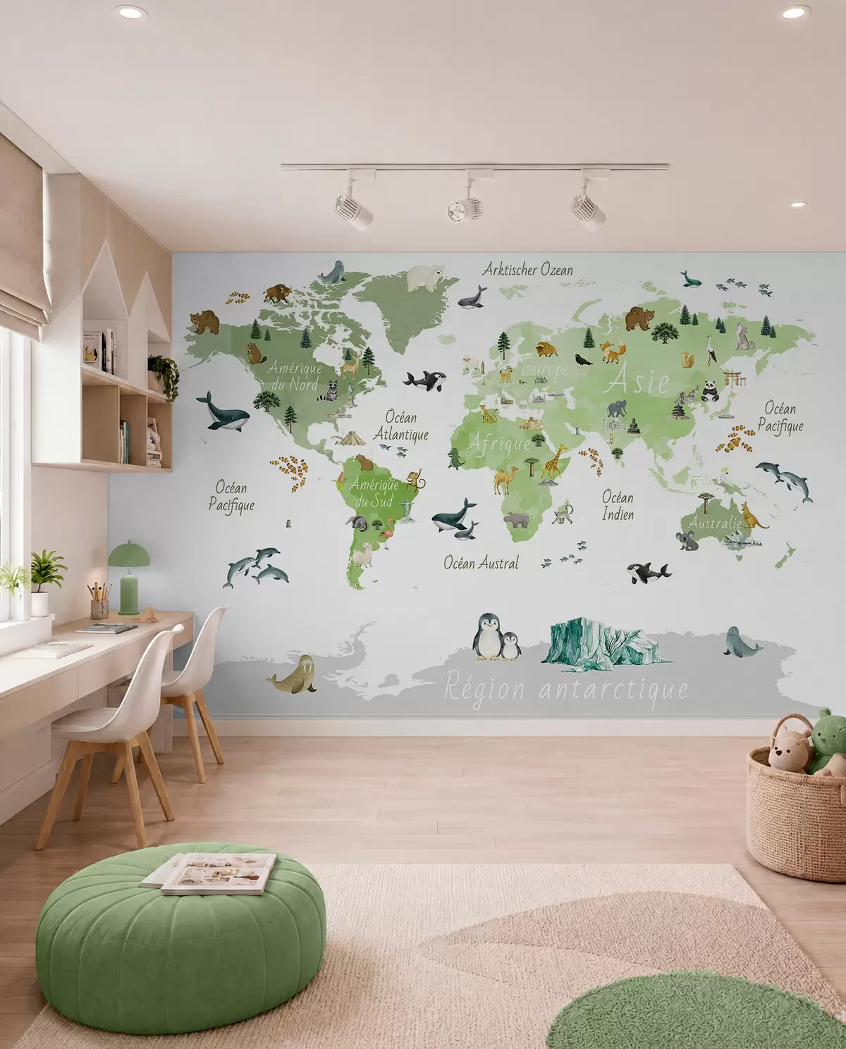murais de parede Um mapa verde em estilo aquarela, com animais, plantas e arquitetura. Legendas em francês c00009frv2