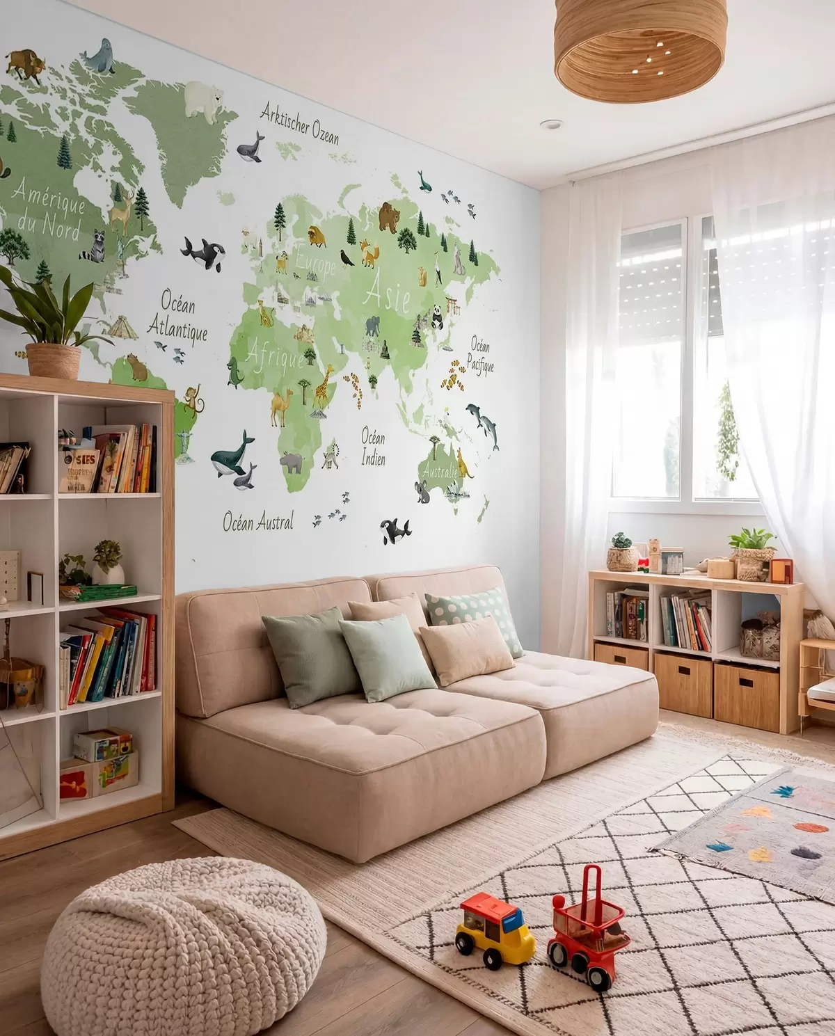 murais de parede Um mapa verde em estilo aquarela, com animais, plantas e arquitetura. Legendas em francês c00009frv2