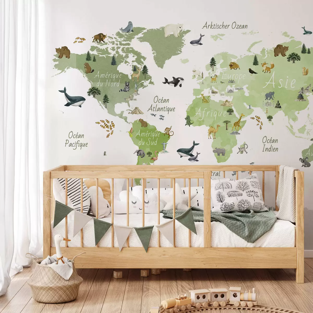 murais de parede Um mapa verde em estilo aquarela, com animais, plantas e arquitetura. Legendas em francês c00009frv2