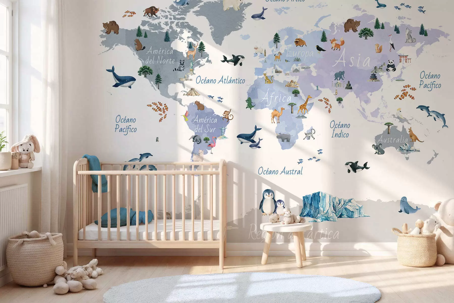 murais de parede Um mapa azul em estilo aquarela, com animais, plantas e arquitetura. Legendas em espanhol c00009esv1