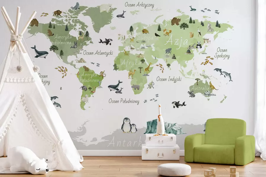 murais de parede Um mapa verde em estilo aquarela, com animais, plantas e arquitetura. Legendas em polonês c00009plv2