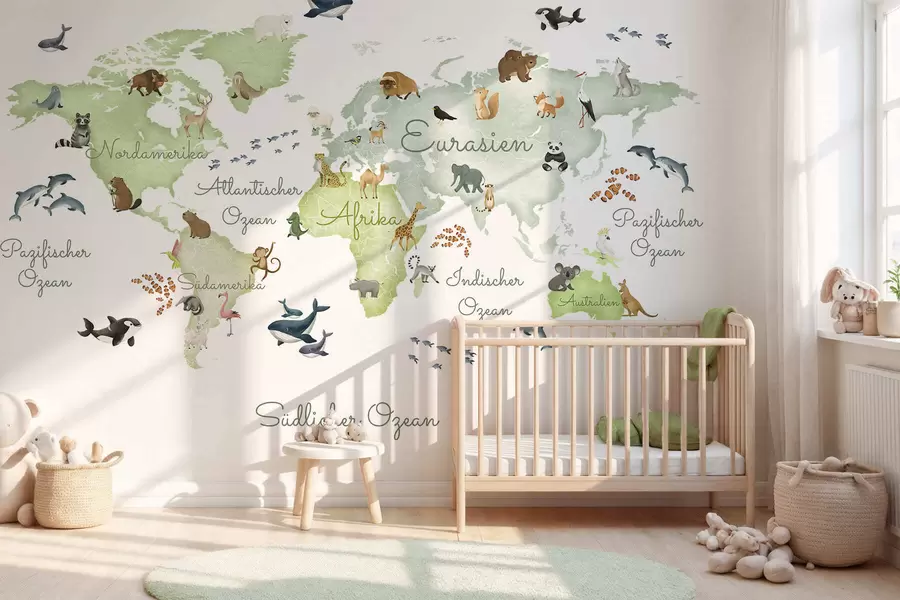 murais de parede Um mapa verde em estilo aquarela com animais. Legendas em alemão c00012dev2