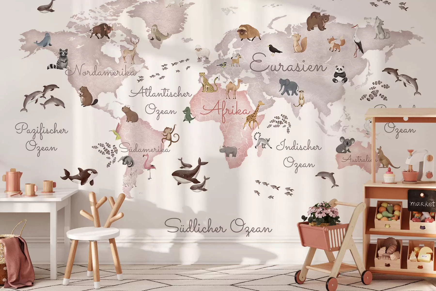 murais de parede Um mapa bege em estilo aquarela com animais. Legendas em alemão c00012dev3