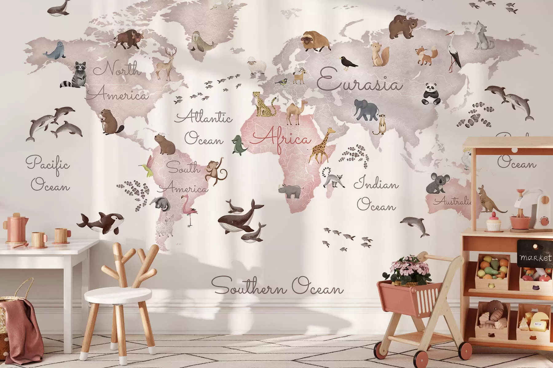 murais de parede Um mapa bege em estilo aquarela com animais. Legendas em inglês c00012env3