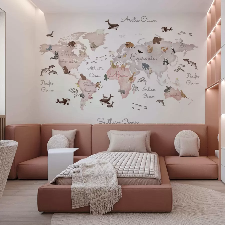 murais de parede Um mapa bege em estilo aquarela com animais. Legendas em inglês c00012env3