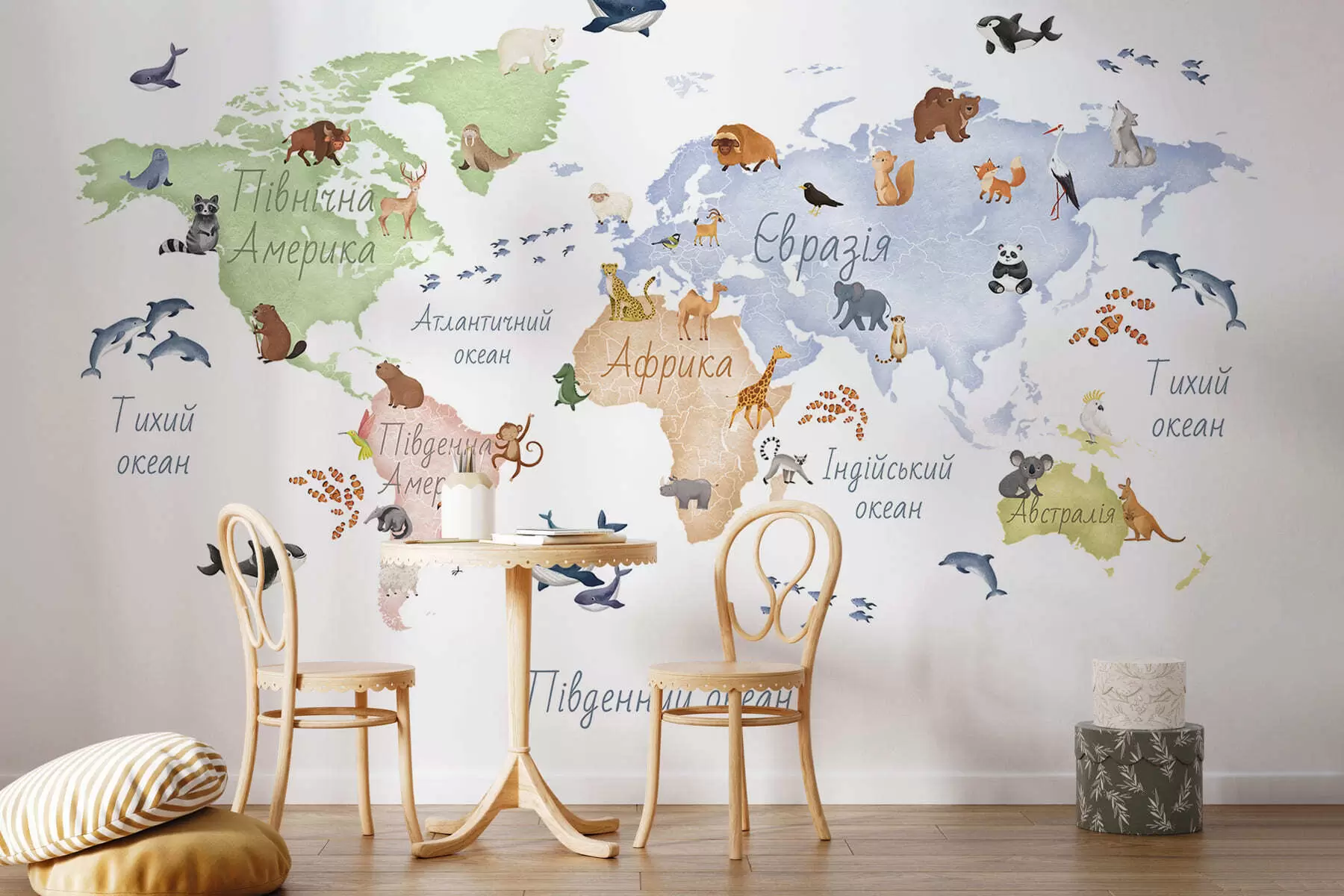 murais de parede Um mapa colorido em estilo aquarela com animais. Legendas em ucraniano c00012uk