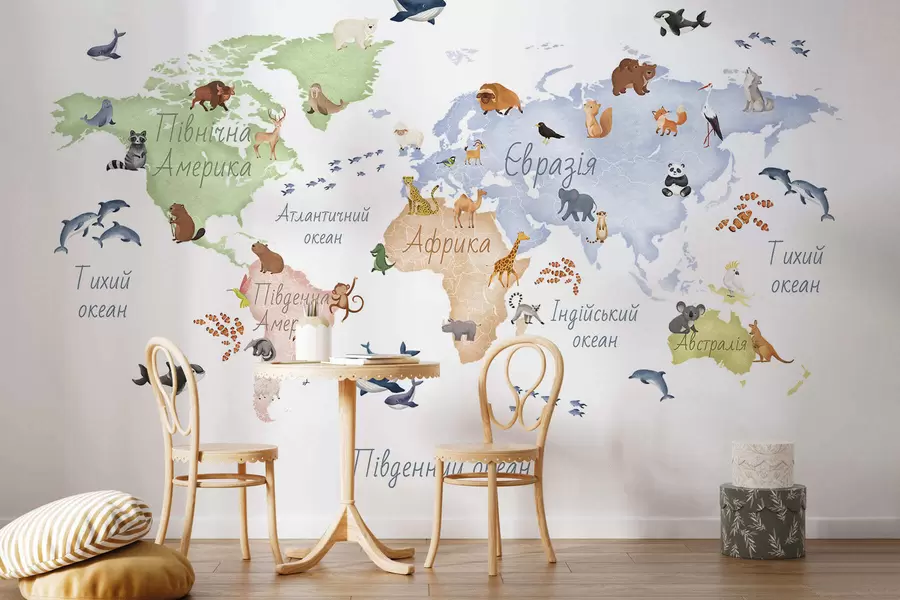 murais de parede Um mapa colorido em estilo aquarela com animais. Legendas em ucraniano c00012uk