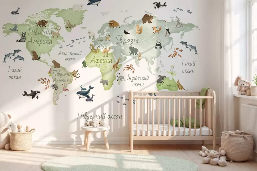 murais de parede Um mapa verde em estilo aquarela com animais. Legendas em ucraniano c00012ukv2