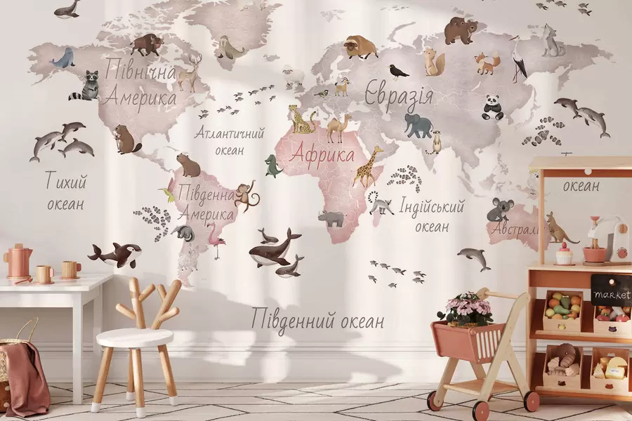 murais de parede Um mapa em tons de bege, com estilo de aquarela, que apresenta animais. Legendas em ucraniano c00012ukv3