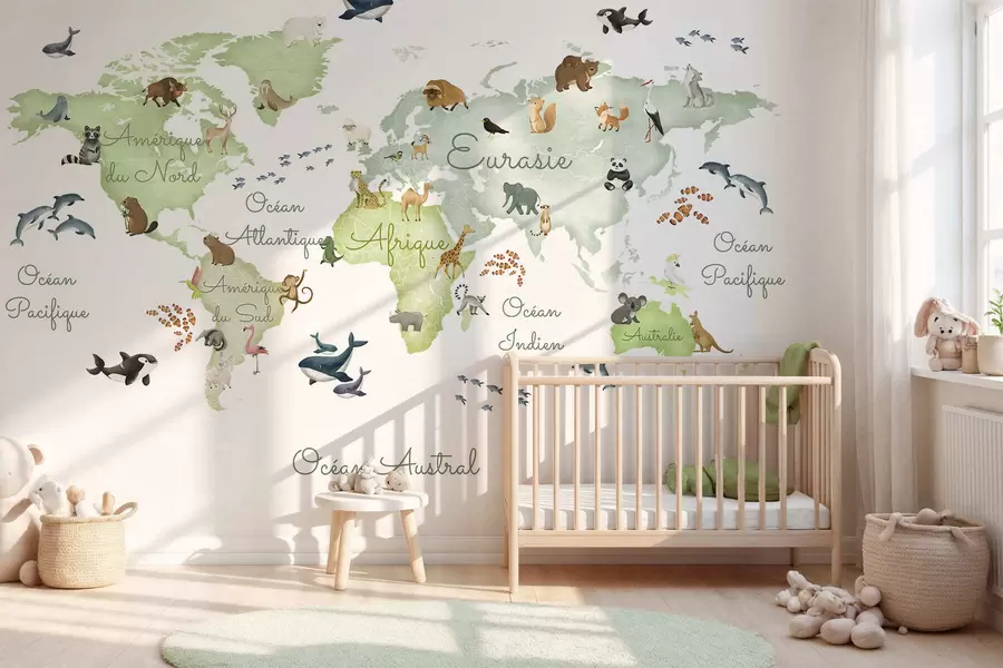murais de parede Um mapa verde em estilo aquarela com animais. Legendas em francês c00012frv2