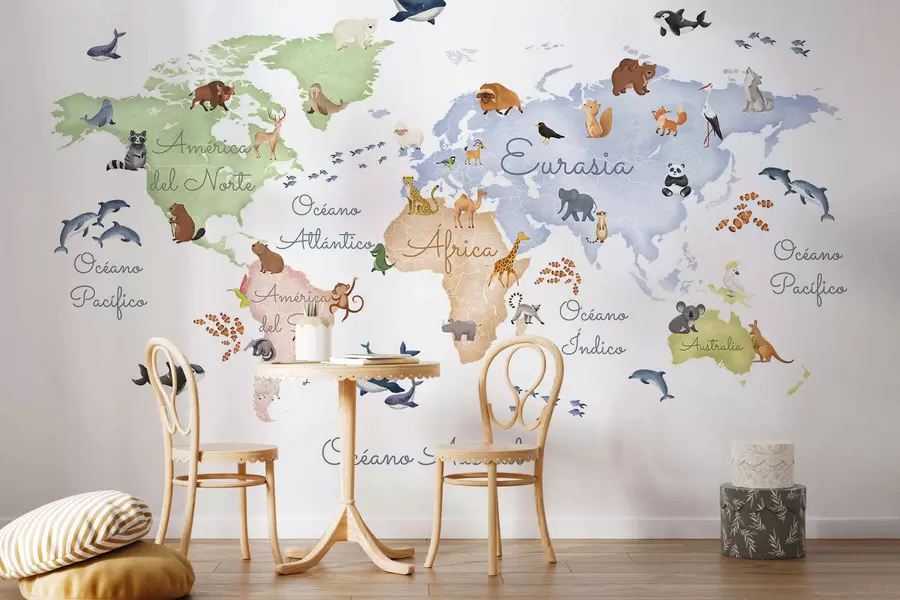 murais de parede Um mapa colorido em estilo aquarela com animais. Legendas em espanhol c00012es