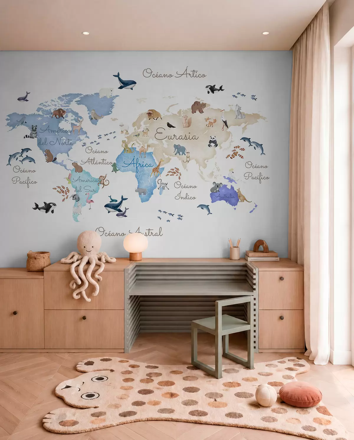 murais de parede Um mapa azul em estilo aquarela com animais. Legendas em espanhol c00012esv1
