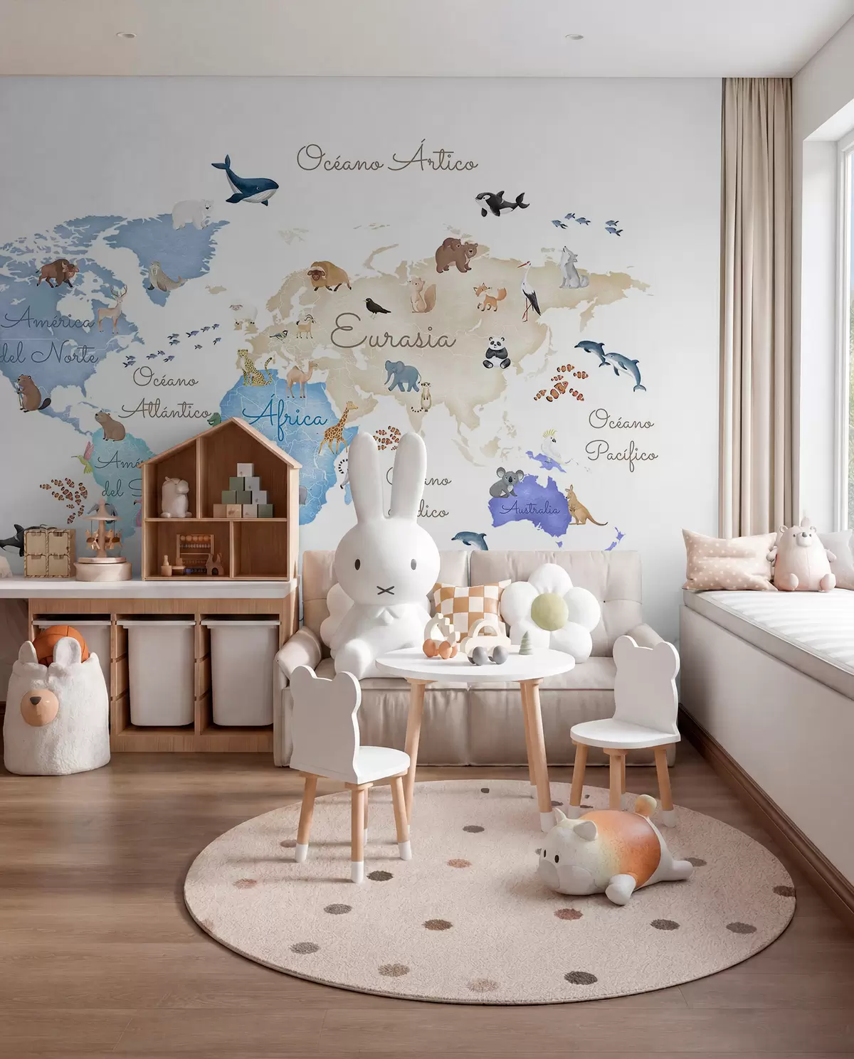 murais de parede Um mapa azul em estilo aquarela com animais. Legendas em espanhol c00012esv1