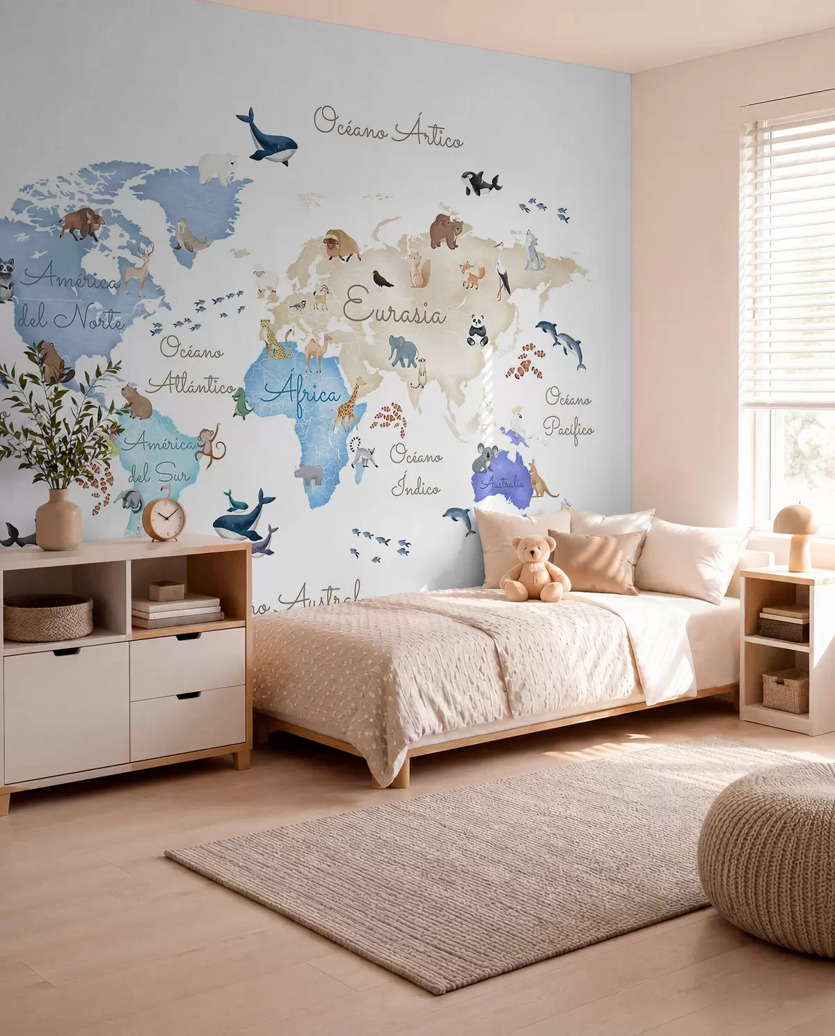 murais de parede Um mapa azul em estilo aquarela com animais. Legendas em espanhol c00012esv1