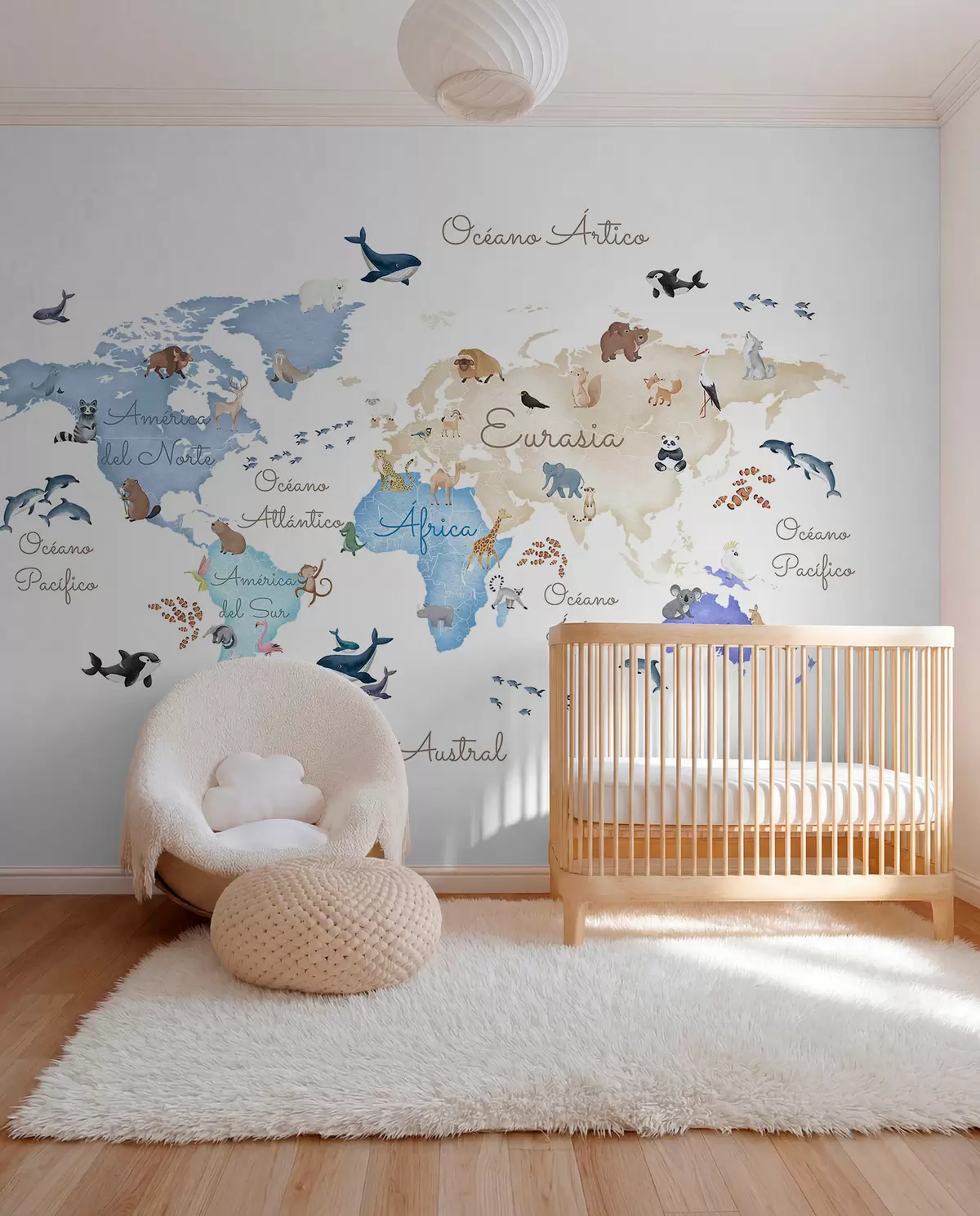 murais de parede Um mapa azul em estilo aquarela com animais. Legendas em espanhol c00012esv1