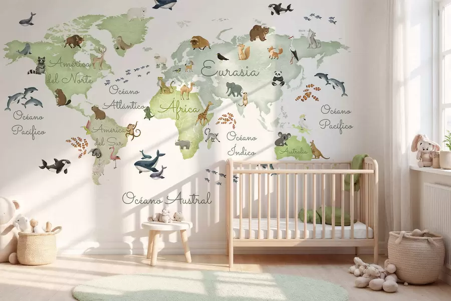 murais de parede Um mapa verde em estilo aquarela com animais. Legendas em espanhol c00012esv2