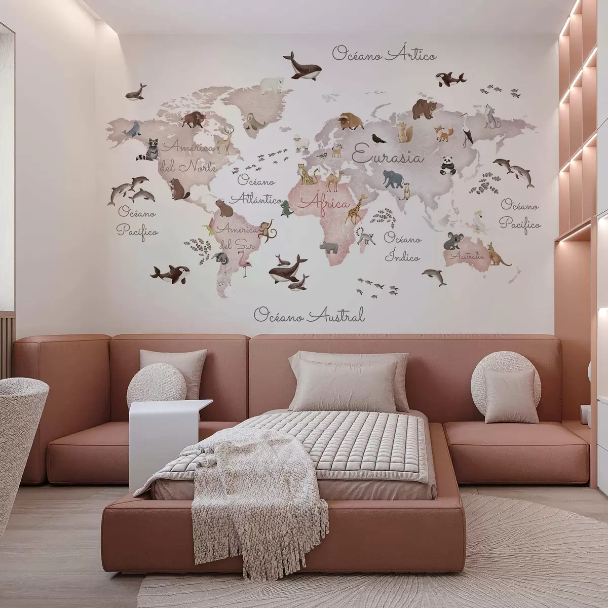 murais de parede Um mapa bege em estilo aquarela com animais. Legendas em espanhol c00012esv3