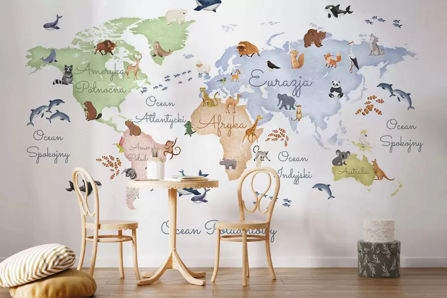 murais de parede Um mapa colorido em estilo aquarela com animais. Legendas em polonês c00012pl