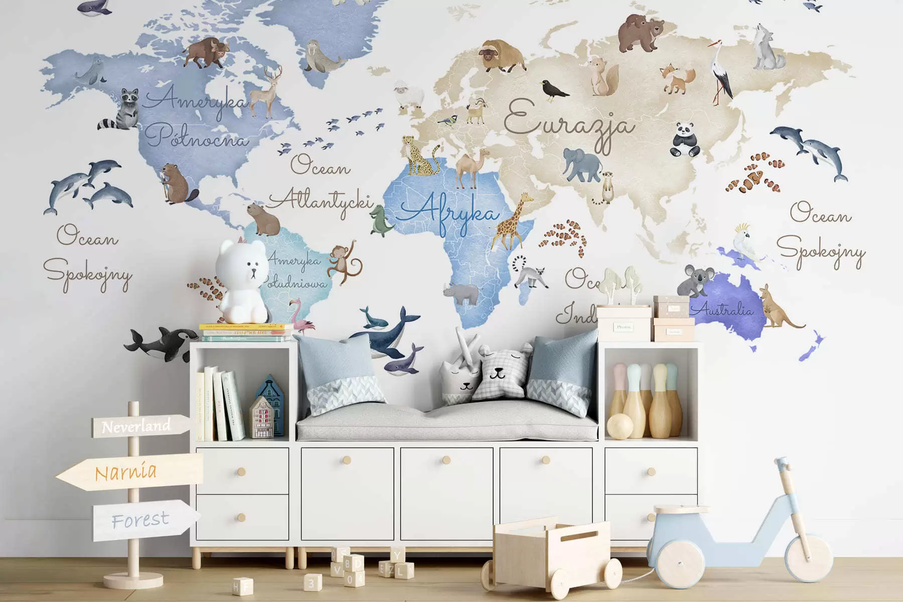 murais de parede Um mapa azul em estilo aquarela com animais. Legendas em polonês c00012plv1