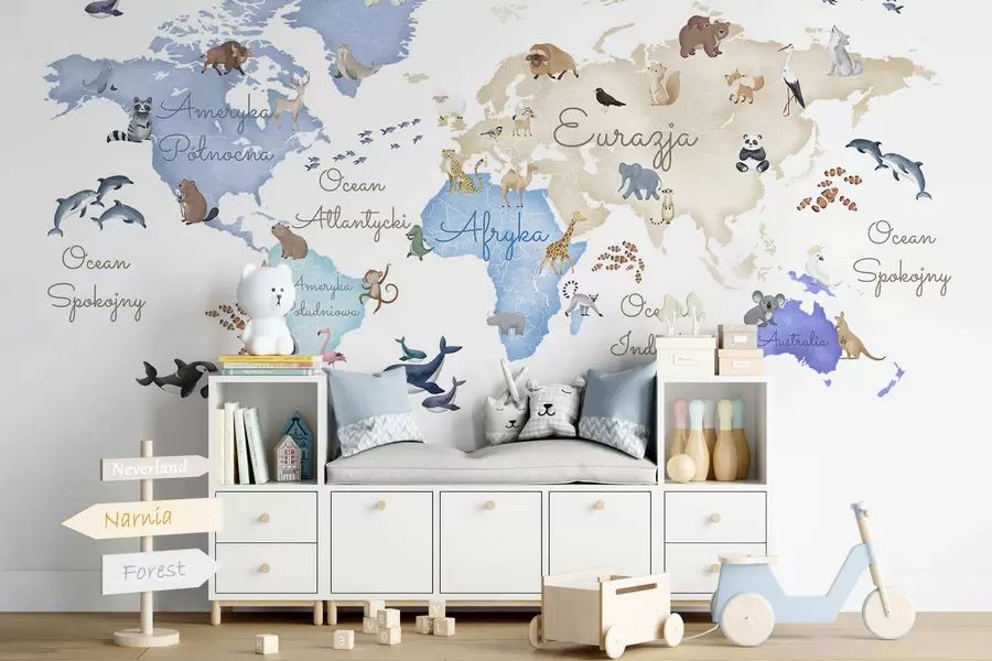 murais de parede Um mapa azul em estilo aquarela com animais. Legendas em polonês c00012plv1
