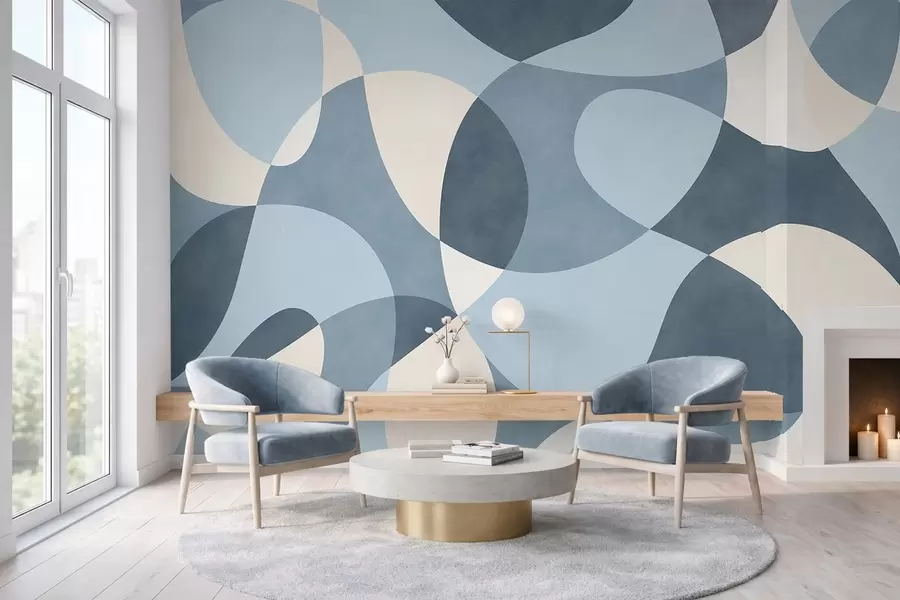 murais de parede Padrão abstrato com formas arredondadas em tons de azul w05149v2