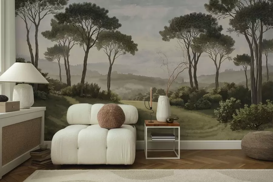 murais de parede Paisagem com árvores, prado e neblina ao longe w05122v1