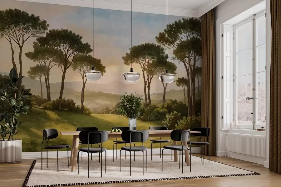 murais de parede Paisagem com árvores sob a luz quente do pôr do sol w05122