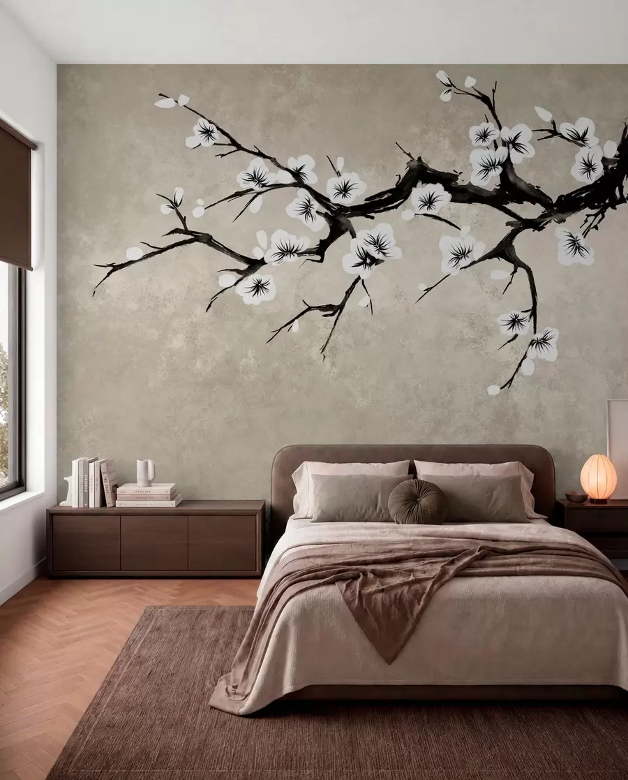 murais de parede Galho com flores brancas em estilo minimalista w05425