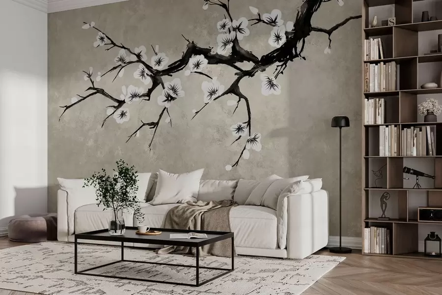 murais de parede Galho com flores brancas em estilo minimalista w05425