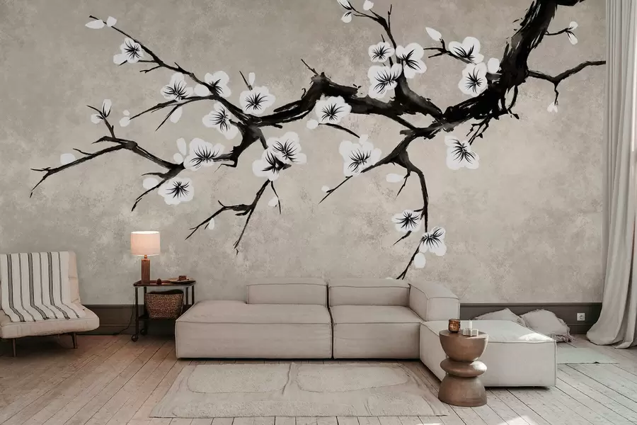 murais de parede Galho com flores brancas em estilo minimalista w05425