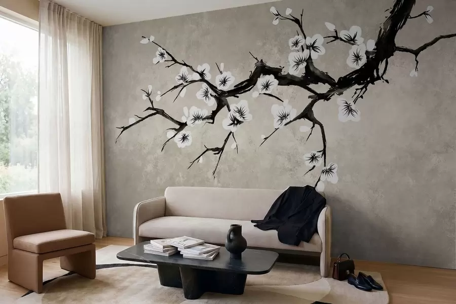 murais de parede Galho com flores brancas em estilo minimalista w05425