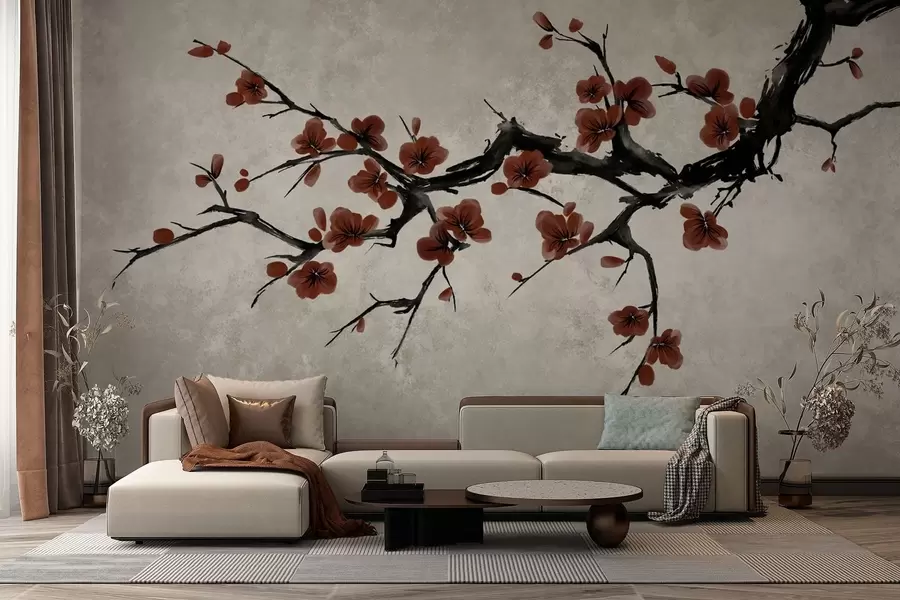 murais de parede Galho com flores vermelho-escuras sobre fundo neutro w05425v1