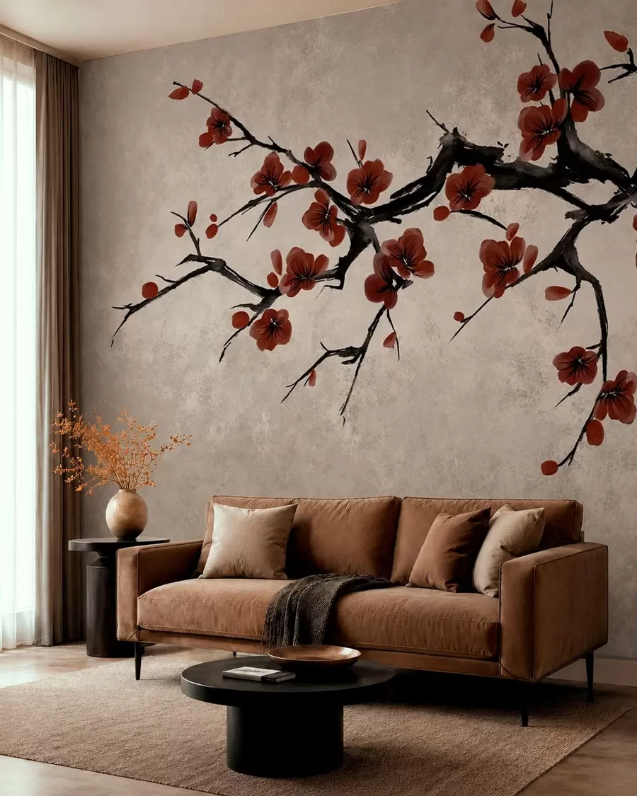 murais de parede Galho com flores vermelho-escuras sobre fundo neutro w05425v1