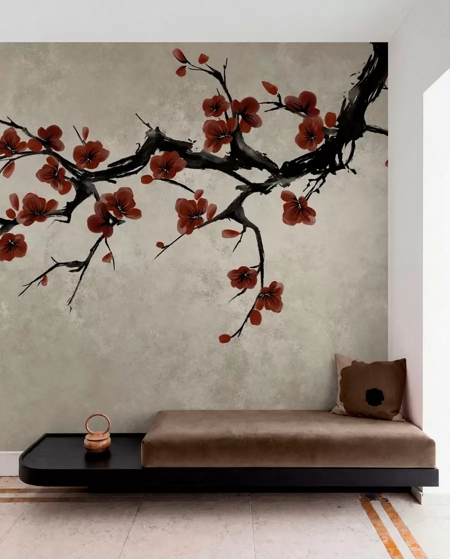murais de parede Galho com flores vermelho-escuras sobre fundo neutro w05425v1