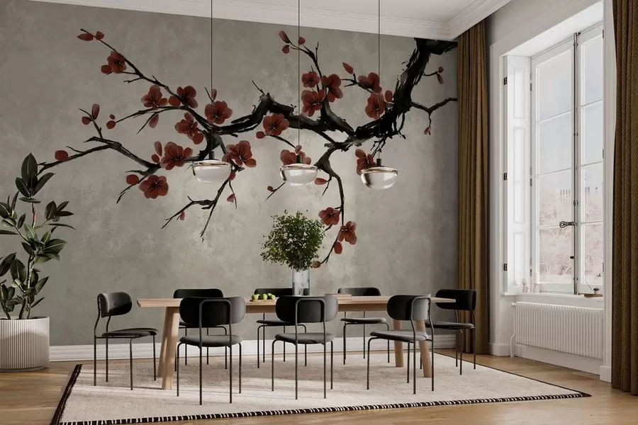 murais de parede Galho com flores vermelho-escuras sobre fundo neutro w05425v1
