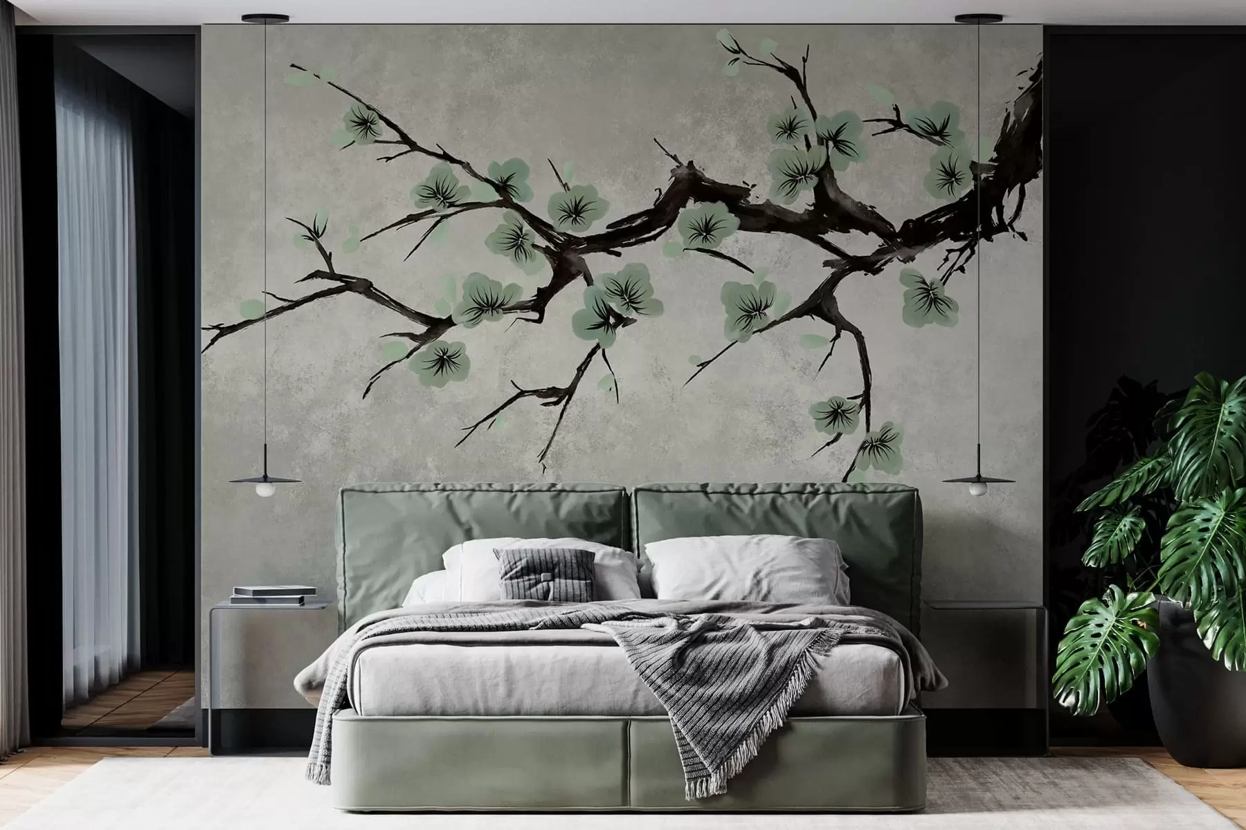 murais de parede Galho com flores verdes em tons suaves w05425v2