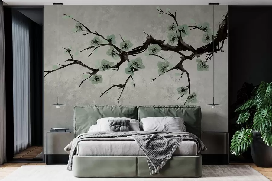 murais de parede Galho com flores verdes em tons suaves w05425v2