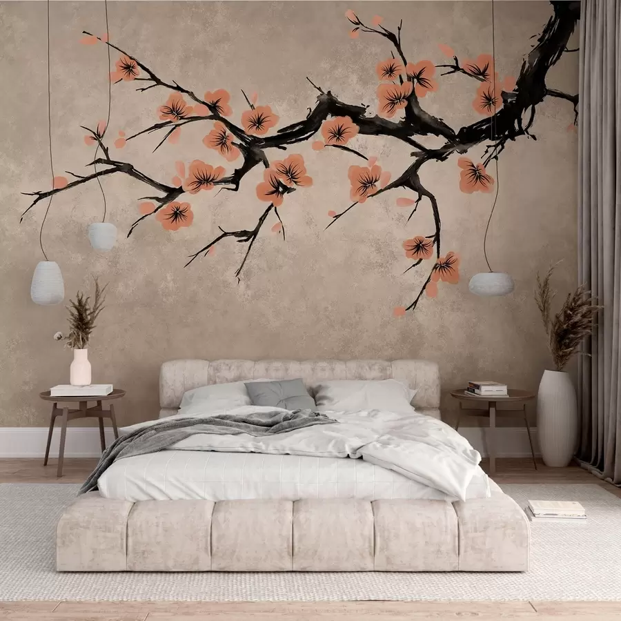 murais de parede Galho com flores de pessegueiro sobre fundo texturizado w05425v3