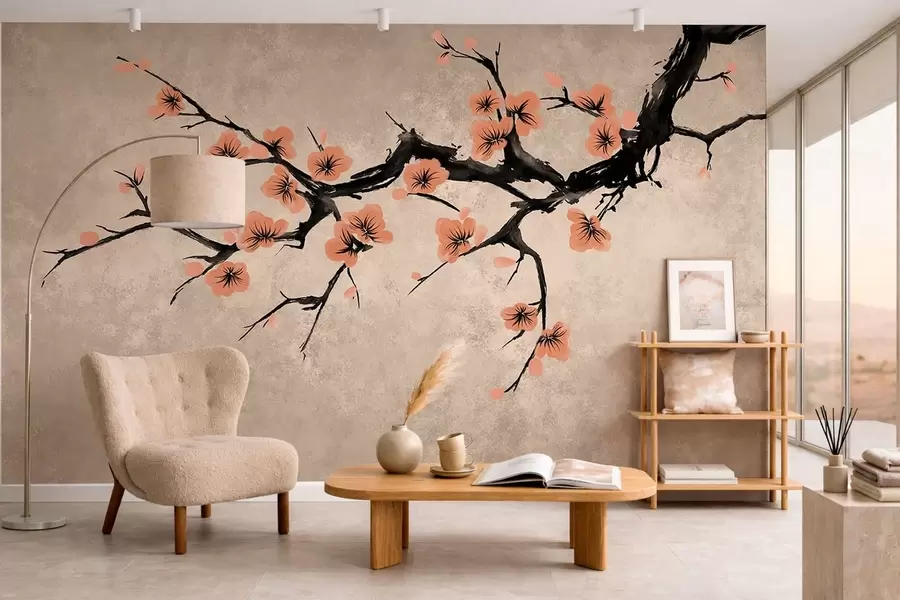 murais de parede Galho com flores de pessegueiro sobre fundo texturizado w05425v3